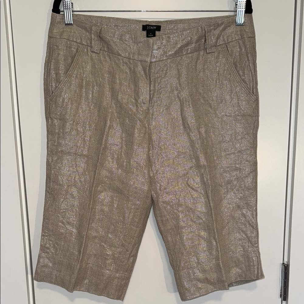 J. Crew Women's City Fit Metallic/Gold/Beige Linen Shorts